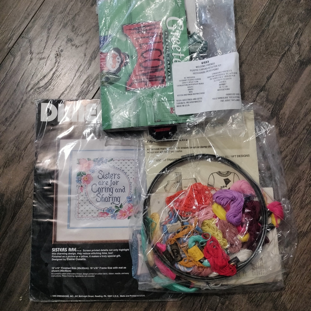 Cross Stitch Kit with Colorful Threads Plus Other Vintage Craft Supplies